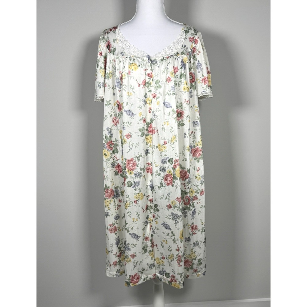 Vintage Vanity Fair Nylon Housecoat Floral Robe L Cottagecore Prairie Grannycore